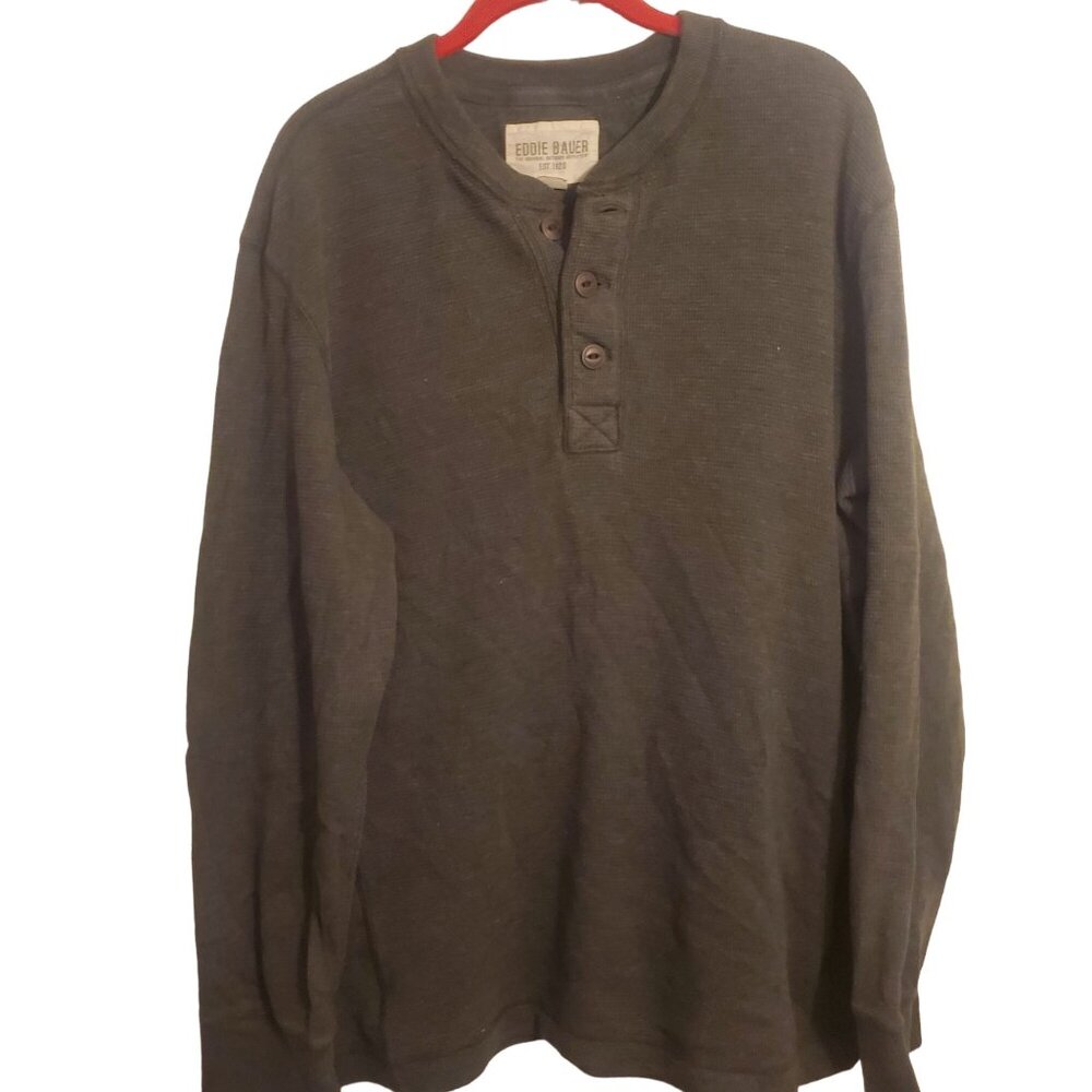Eddie Bauer Men L Pullover Henley Shirt Thermal Cotton Polyester Blend Dark Gray